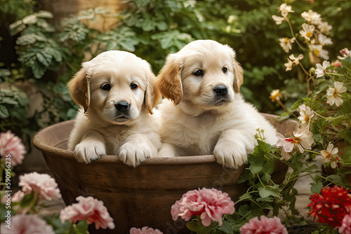 Adorable Puppies in a Serene Garden