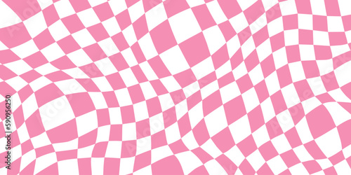 Retro distorted checkerboard background. Pink trippy psychedelic checkered wallpaper. Wavy groovy chessboard surface. Abstract twisted geometric pattern. Vector backdrop