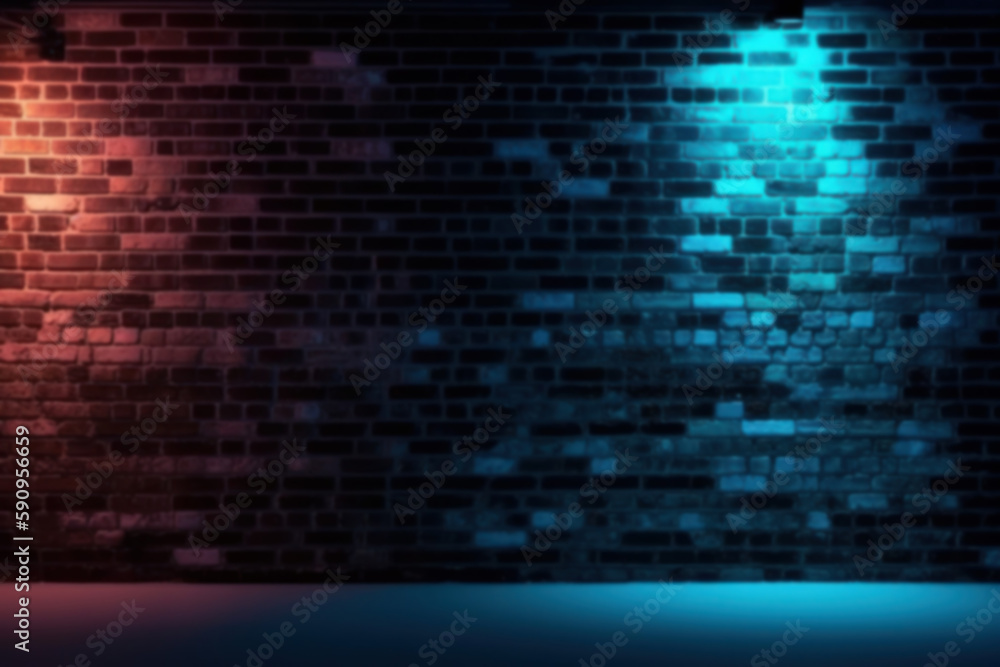 Blurred brick wall background with neon light. Defocused back. Bokeh blank, graphic resource. AI generated