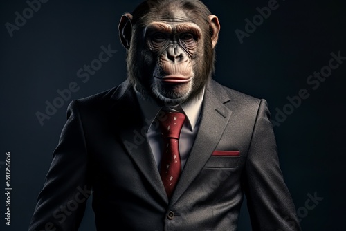 Anthropomorphic monkey in a smart suit. AI generated  human enhanced.