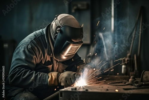 Worker or welder in the metallurgical industry performing welding in his workshop. AI generated, human enhanced. photo
