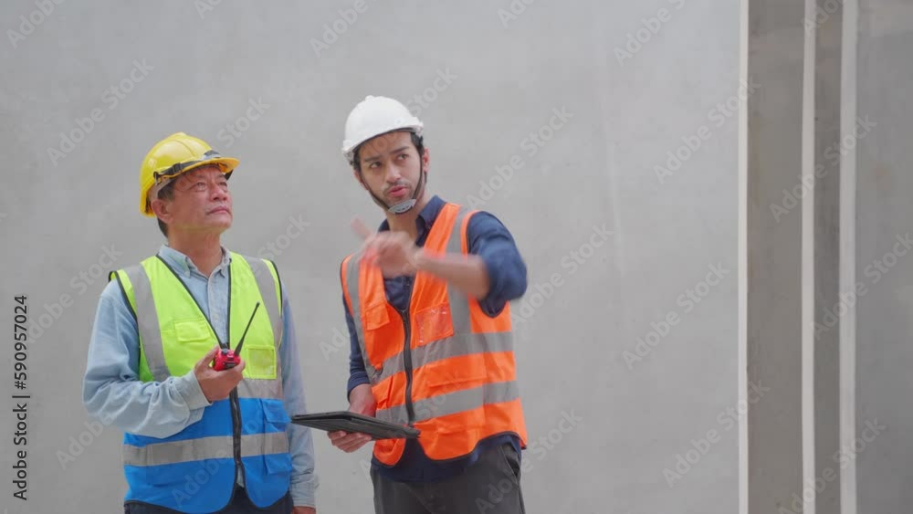 Team foreman and worker talking and examining produce precast walls while looking digital tablet in factory industrial, manager and labor check quality of cement wall, industry concept.