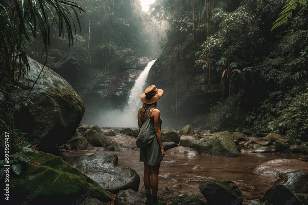 Obraz premium Woman in front of a waterfall in a tropical forest. Generative AI