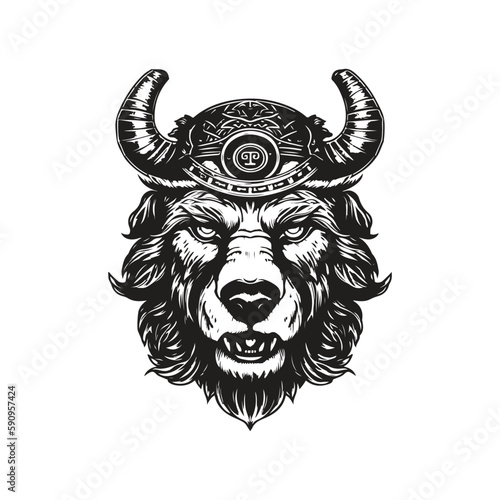 bear wearing viking helmet, vintage logo concept black and white color, hand drawn illustration