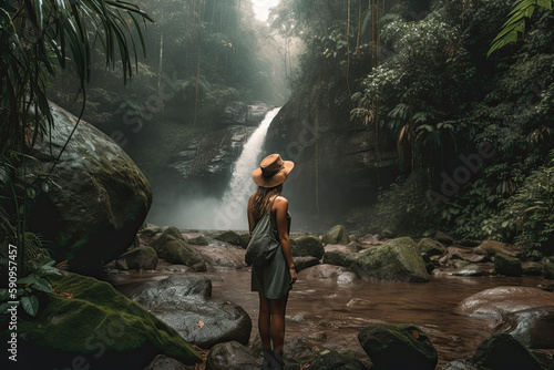 Woman in front of a waterfall in a tropical forest. Generative AI
