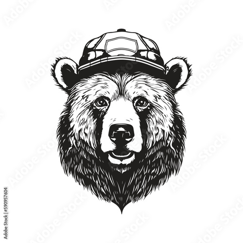 bear wearing hat, vintage logo concept black and white color, hand drawn illustration