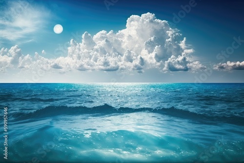 serene blue ocean with fluffy clouds in the sky. Generative AI