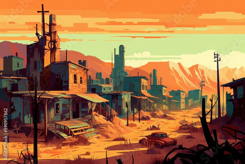 Retro futuristic digital painting of destroyed western town  wasteland  desert retro futurism  1940 s aesthetic