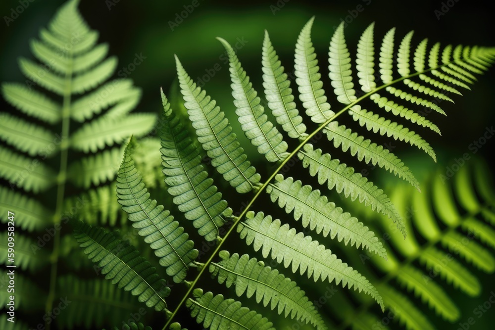 detailed close up of a vibrant green fern leaf. Generative AI