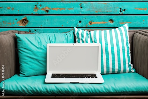 laptop computer resting on a couch in a cozy living room setting. Generative AI photo