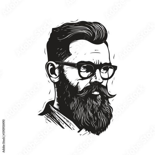 bearded man in glasses, vintage logo concept black and white color, hand drawn illustration