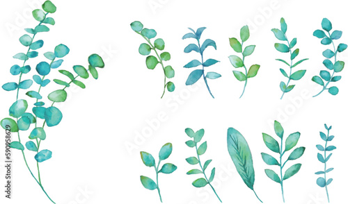 水彩画。水彩タッチの草木ベクターイラスト。草木のエコ風イラスト挿絵。緑の植物装飾。Watercolor painting. Grass and trees vector illustration with watercolor touch. Illustration illustration illustration of plants and trees ecological style. Gr