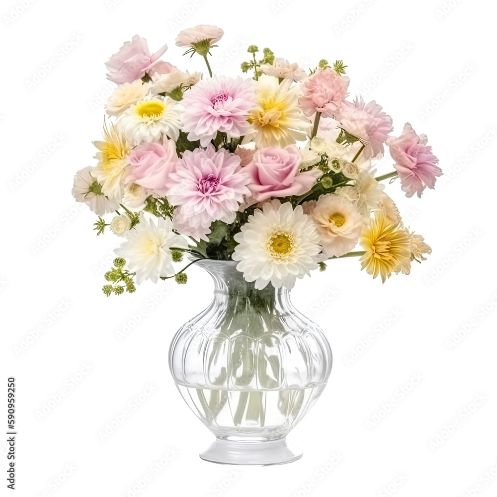 bouquet of flowers in a vase isolated on transparent background, generative ai
