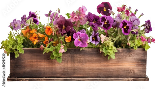 flowers on wooden window box isolated on transparent background  generative ai
