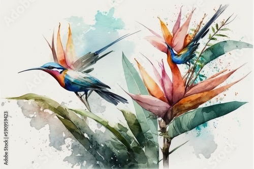 two vibrant birds perched on a lush plant. Generative AI