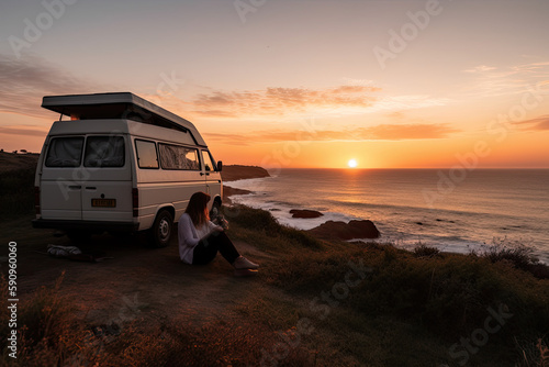 Young couple sits on a hill above the sea next to their camper van and looks at the sunset, generative AI