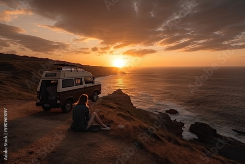 Young couple sits on a hill above the sea next to their camper van and looks at the sunset, generative AI © Kien