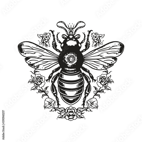bee, vintage logo concept black and white color, hand drawn illustration