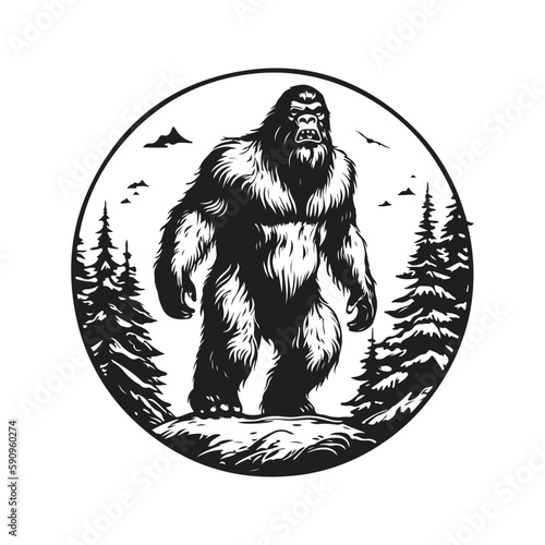 bigfoot, vintage logo concept black and white color, hand drawn illustration