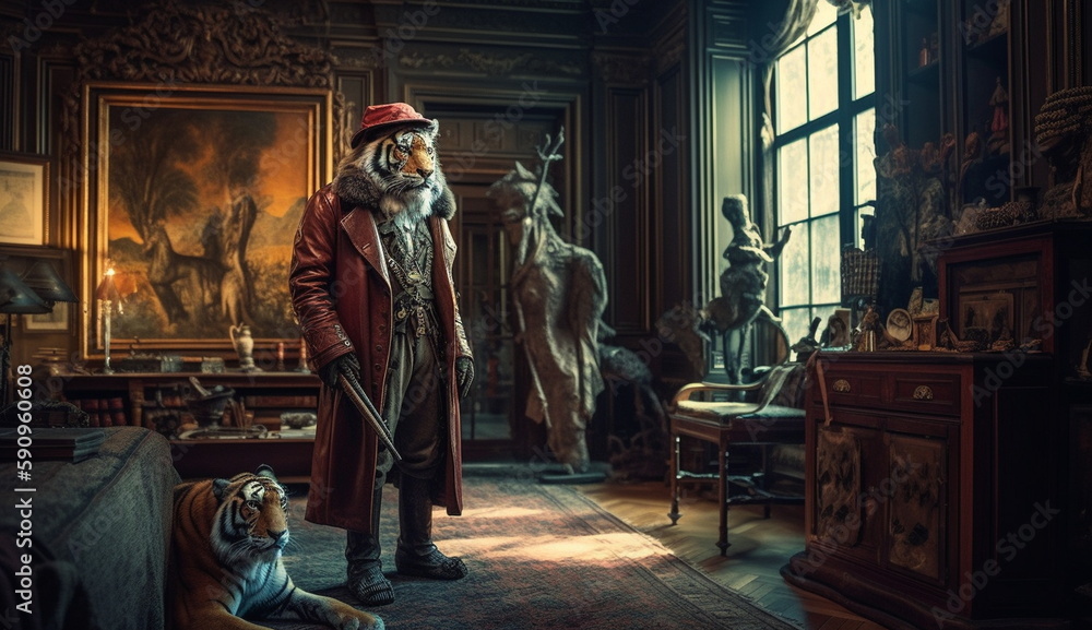 Tiger wearing a hunter's suit holding a rifle in a classical room. Based on Generative Ai.