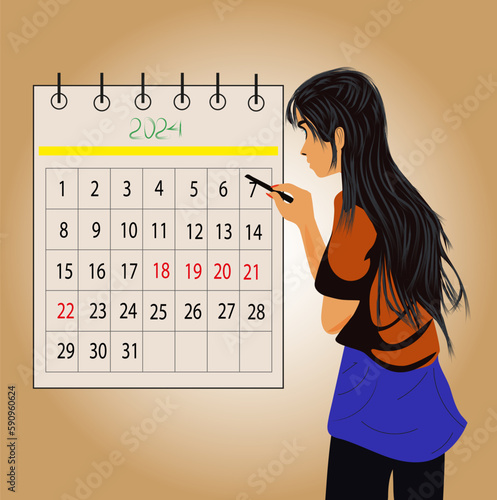 girl stands near the calendar