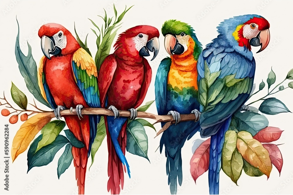 three vibrant parrots perched on a branch in a tropical setting. Generative AI