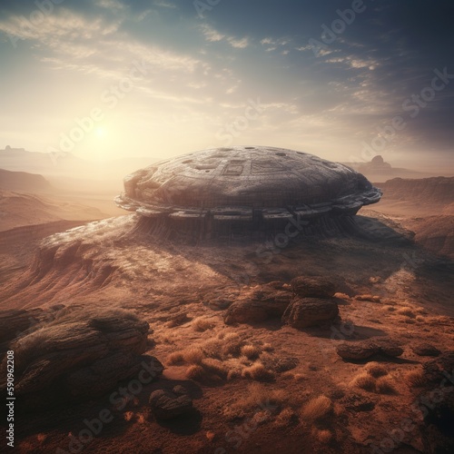 A massive, alien structure rising out of the rocky terrain of a distant planet, with strange symbols etched into its Surface, Generative AI
