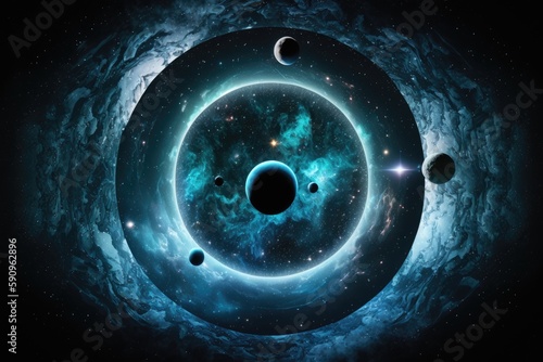 Obraz na płótnie black hole with surrounding celestial bodies. Generative AI
