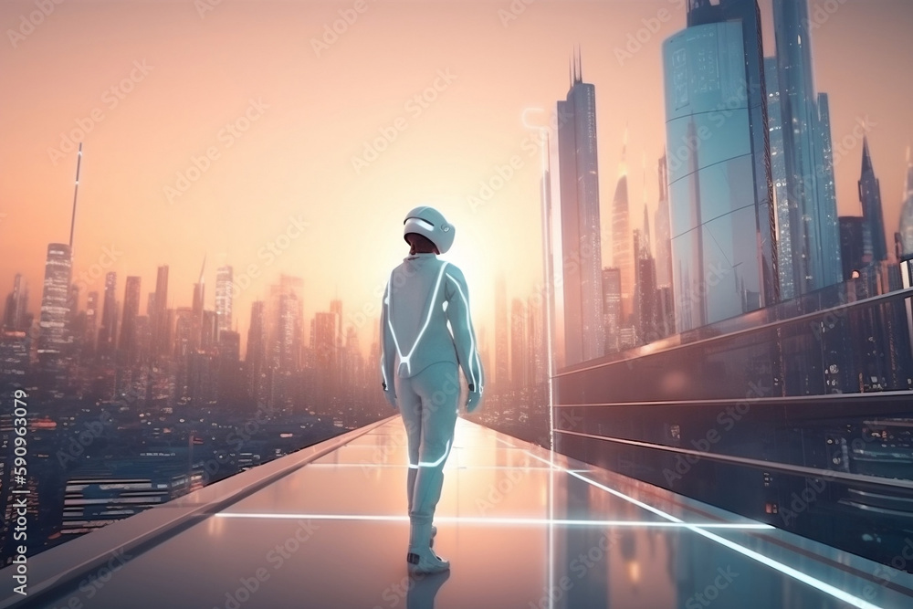 Astronaut walking into future. Futuristic, modern, AI. Created using generative AI. Astronaut walking into future. Futuristic, modern, AI. Created using generative AI.