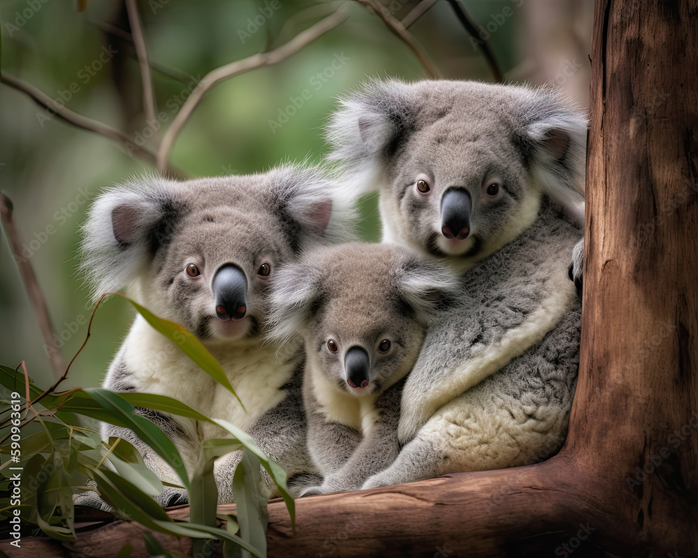Adorable Koala Family Resting on Eucalyptus Tree