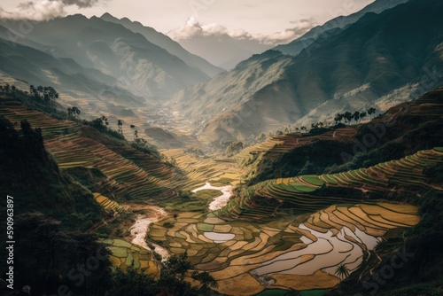 serene valley with a meandering river flowing through it. Generative AI