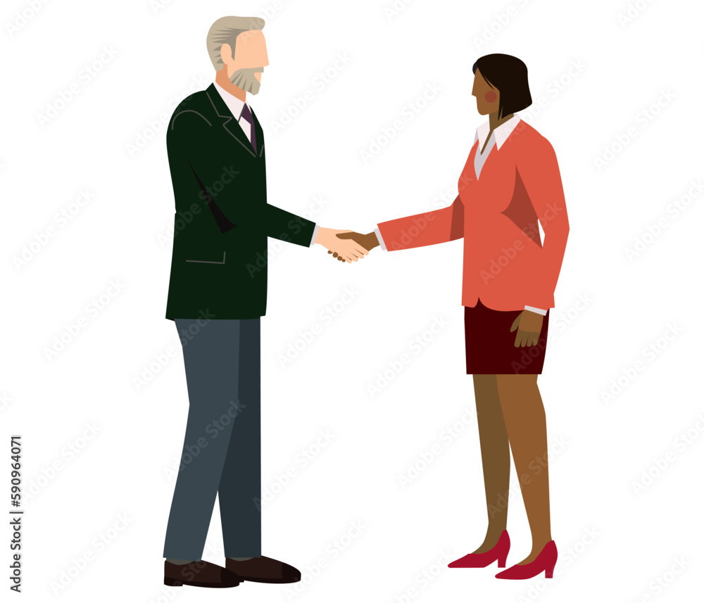 握手をするスーツ姿のシニア男性とスーツ姿の黒人女性のイラスト　ビジネスイメージ商談