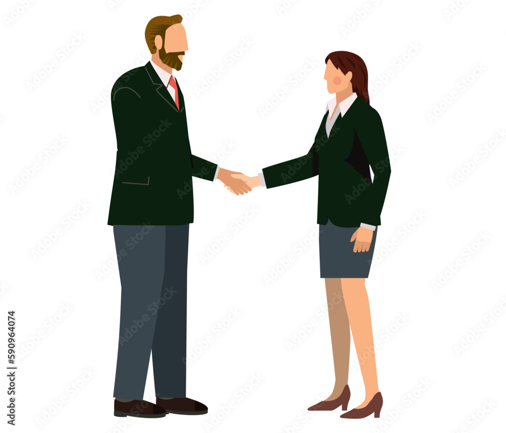 握手をするスーツ姿のヒゲの男性とスーツ姿の女性のイラスト　ビジネスイメージ商談