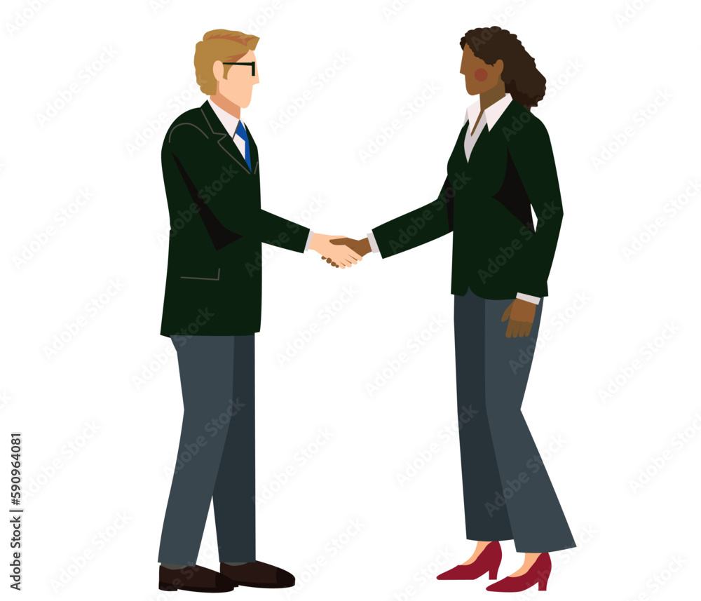 握手をするスーツ姿の白人男性とスーツ姿の黒人女性のイラスト　ビジネスイメージ商談