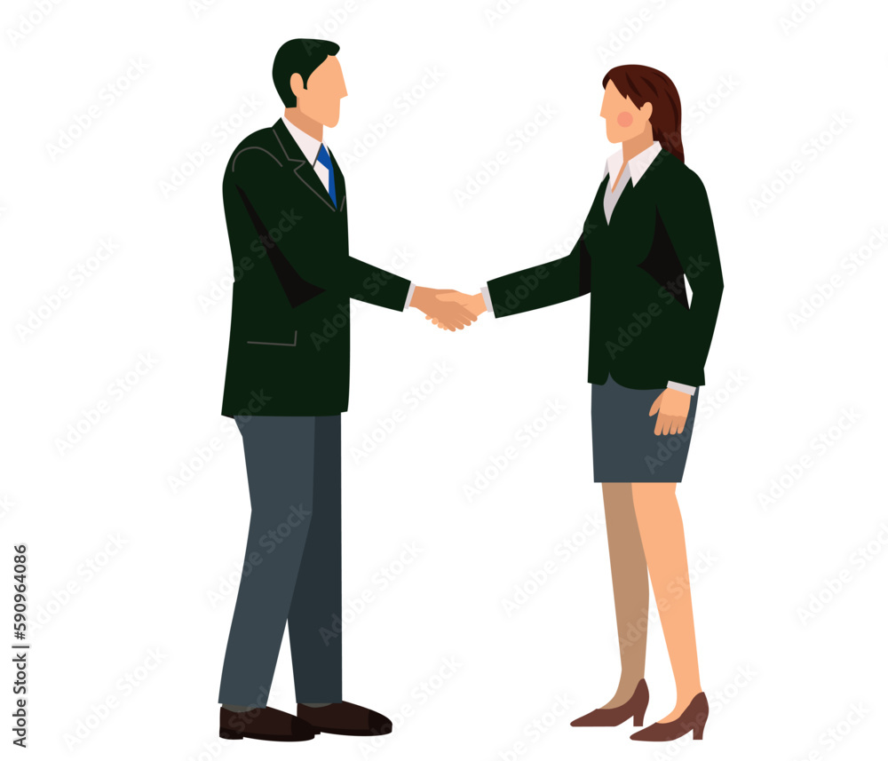 握手をするスーツ姿の男性とスーツ姿の女性のイラスト　ビジネスイメージ商談
