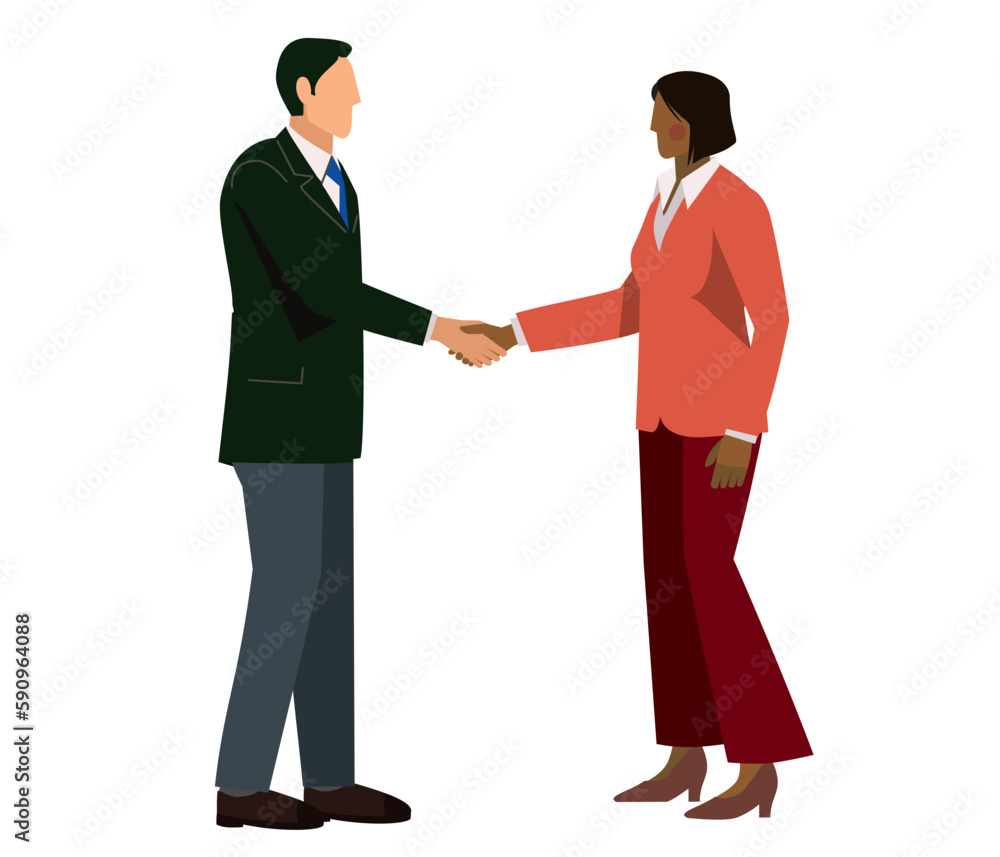 握手をするスーツ姿の男性とスーツ姿の黒人女性のイラスト　ビジネスイメージ商談