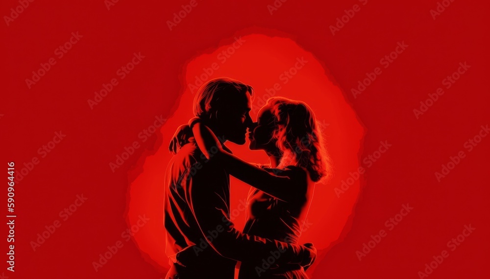 Silhouette of a couple hugging each other with a plain red background, Generative AI
