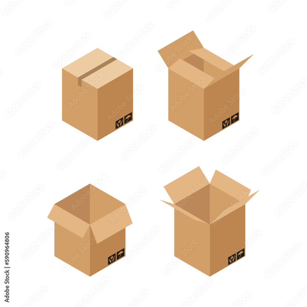 Carton delivery packaging open and closed box with fragile signs. Cardboard box mockup set. Carton delivery packaging open and closed box with fragile signs. Cardboard box mockup set.