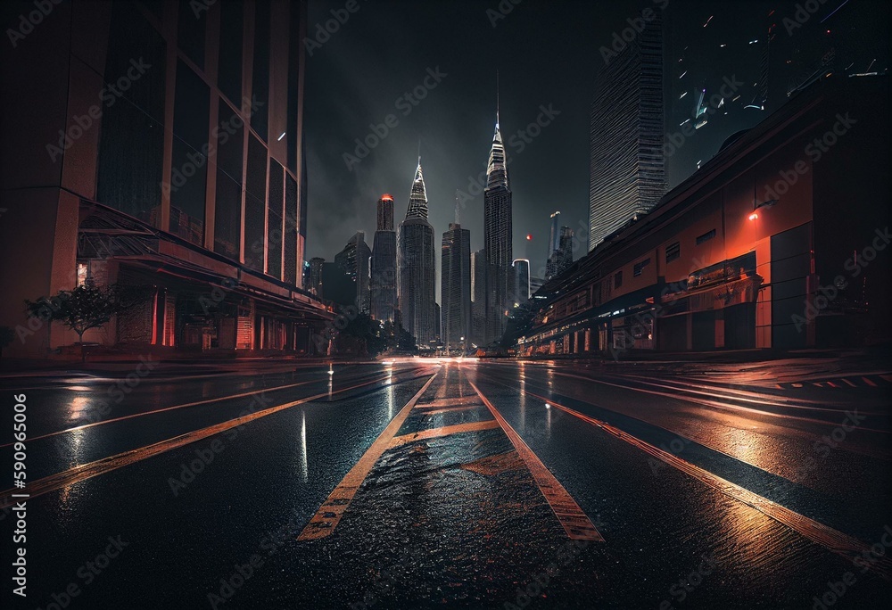 Kuala lumpur urban cityscape skyline night scene with empty asphalt floor on front. Generative AI