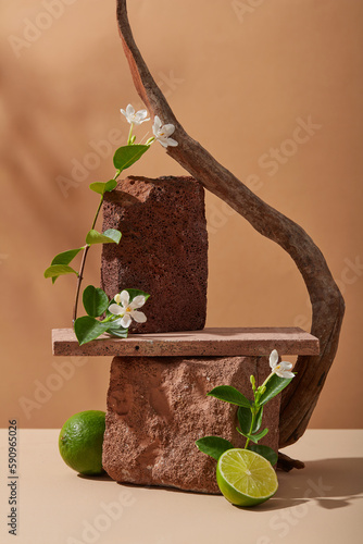 Blocks of stone are stacked with a rectangle podium, arranged with flowers, tree branch and a half of Lime. Empty space to display cosmetic product extracted from Lime (Citrus aurantiifolia) photo