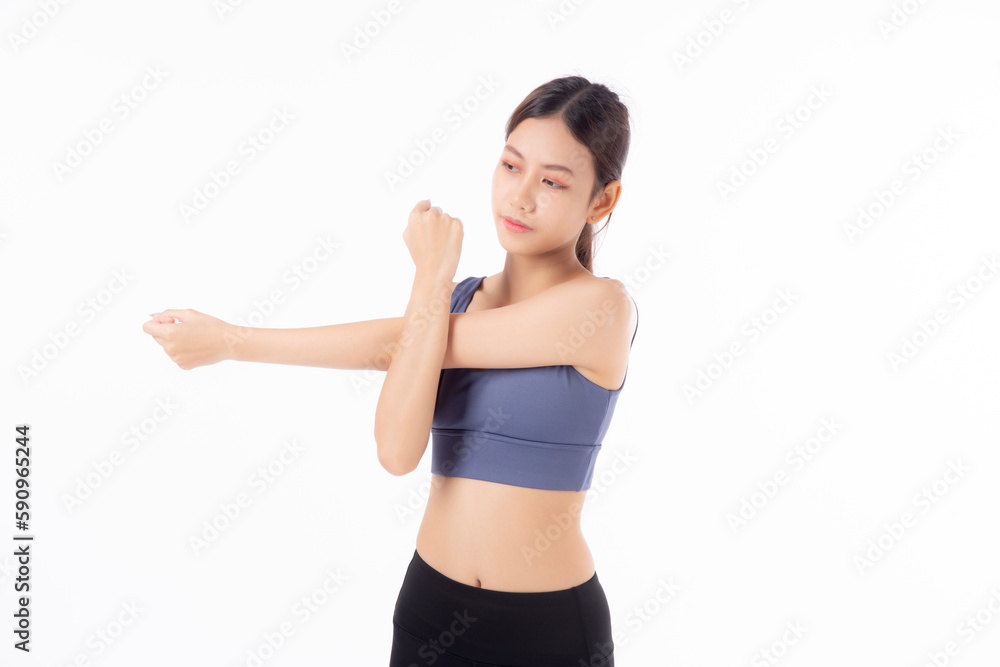 Portrait beautiful young asian woman stretching hands or arms for exercise yoga and relax isolated on white background, female workout training for muscle strong, sport and health care concept. Portrait beautiful young asian woman stretching hands or arms for exercise yoga and relax isolated on white background, female workout training for muscle strong, sport and health care concept.