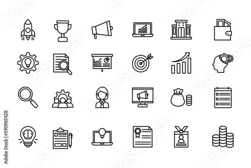 Startup business icon set. Creative innovation strategy team management.