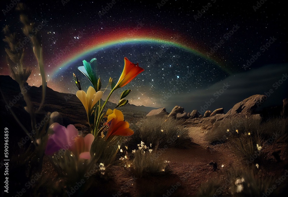 Starry landscape with freesia and rainbow. Generative AI