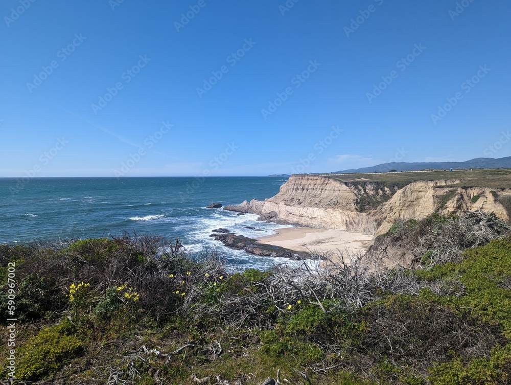 Half Moon Bay rocky shore, Pacific Ocean beach view, San Francisco coastline, California cliffed coast, Abrasion coast