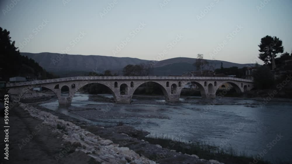 The Gorica Bridge in Berat, Albania during sunrise The Gorica Bridge in Berat, Albania during sunrise