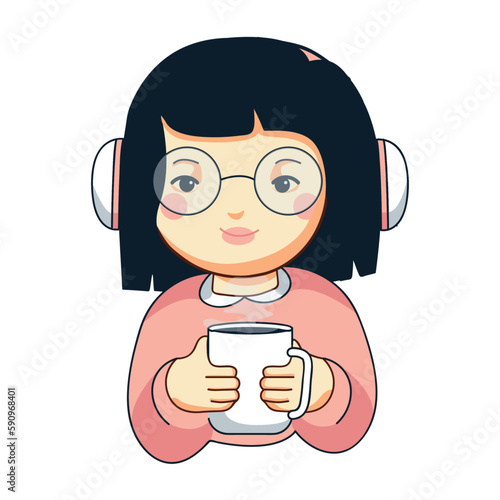 Cute cartoon nerd girl logo illustration mascot vector holding warm drink