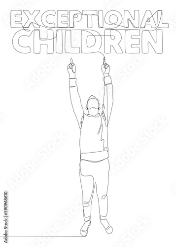 One continuous line of Man pointing with finger at Exceptional Children word. Thin Line Illustration vector concept. Contour Drawing Creative ideas.