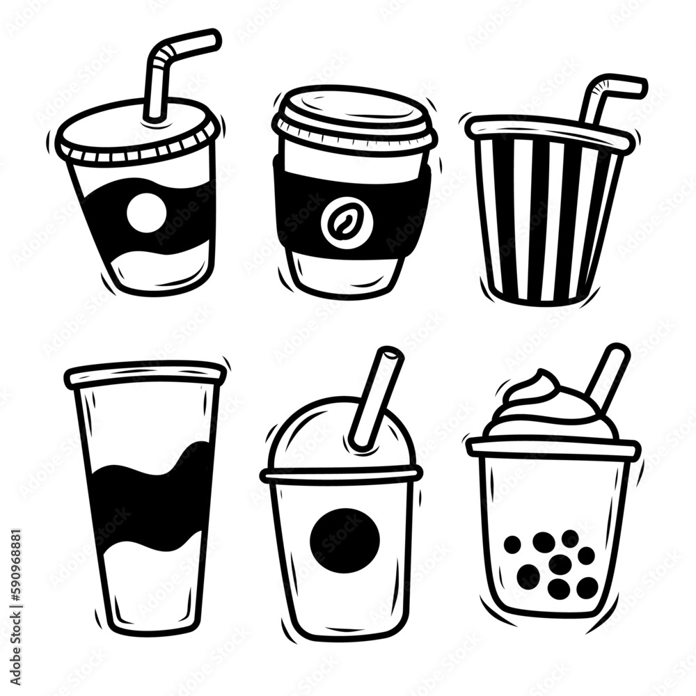 Set of disposable drink cup vector illustrations in cute hand-drawn style isolated on white background Set of disposable drink cup vector illustrations in cute hand-drawn style isolated on white background