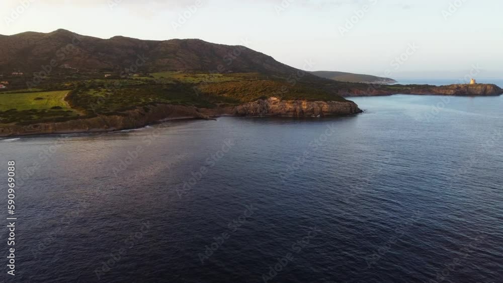 Amazing aerial of South Sardinia coast, Island of Sant'Antioco beaches, sunset Amazing aerial of South Sardinia coast, Island of Sant'Antioco beaches, sunset
