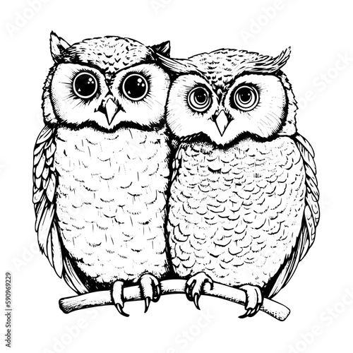 couple owl tattoo isolated black and white vector clip art background. emblem couple owl tattoo isolated black and white vector clip art background.